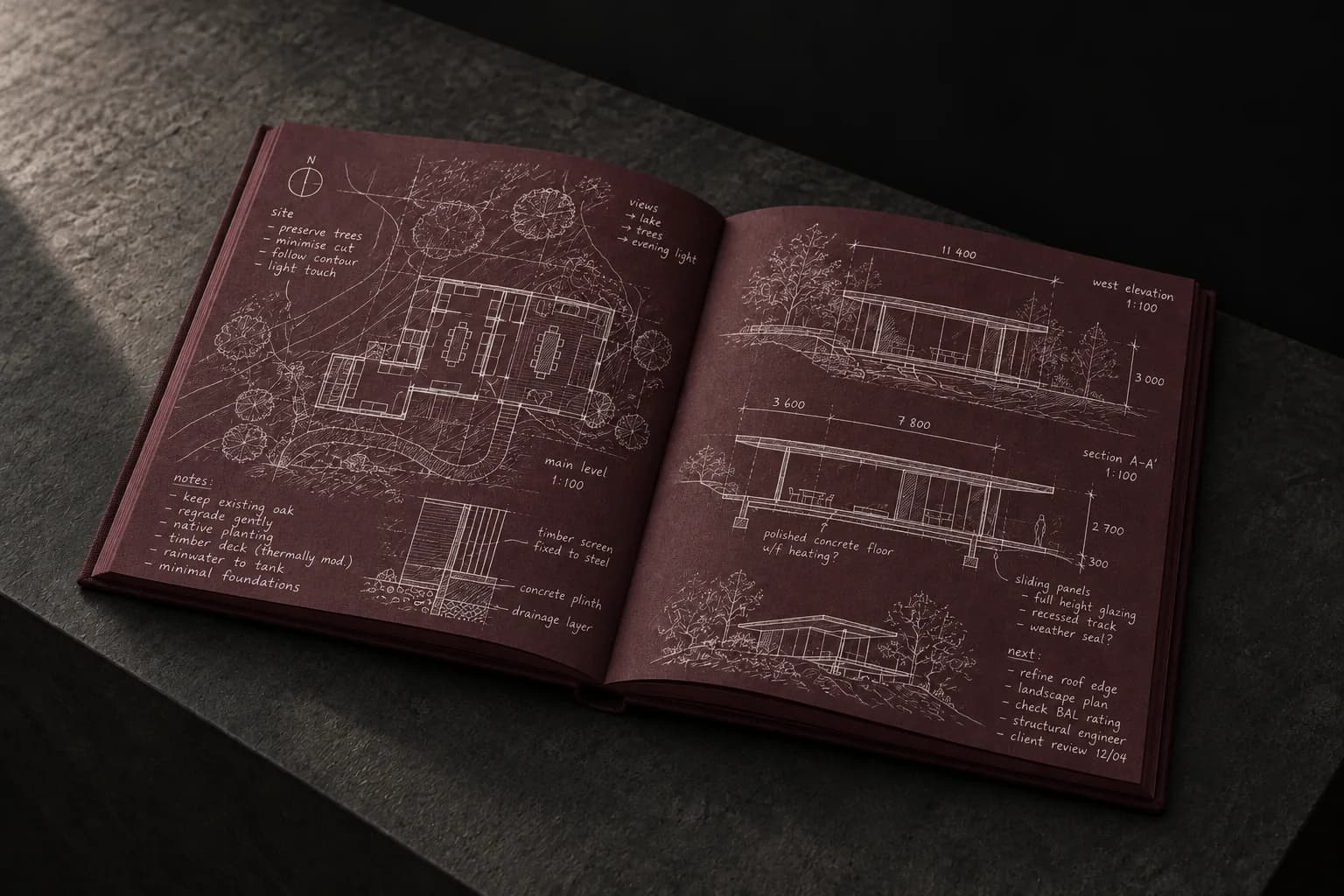 Open Bordeaux notebook, its coloured pages filled with white ink architecture — concept visualisation