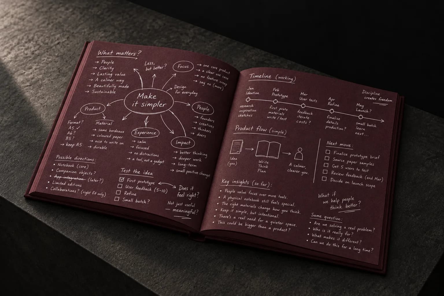 Open Bordeaux notebook, its coloured pages filled with white ink ideas — concept visualisation