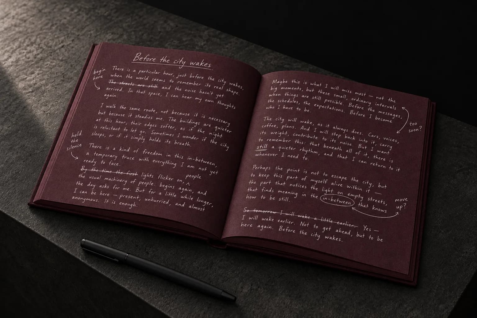 Bordeaux notebook filled with handwritten drafts, edits and marginal notes in white ink